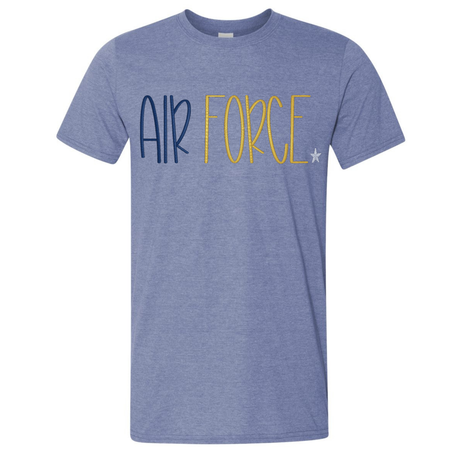 Blue t-shirt with 'AIR FORCE' printed on it against a white background