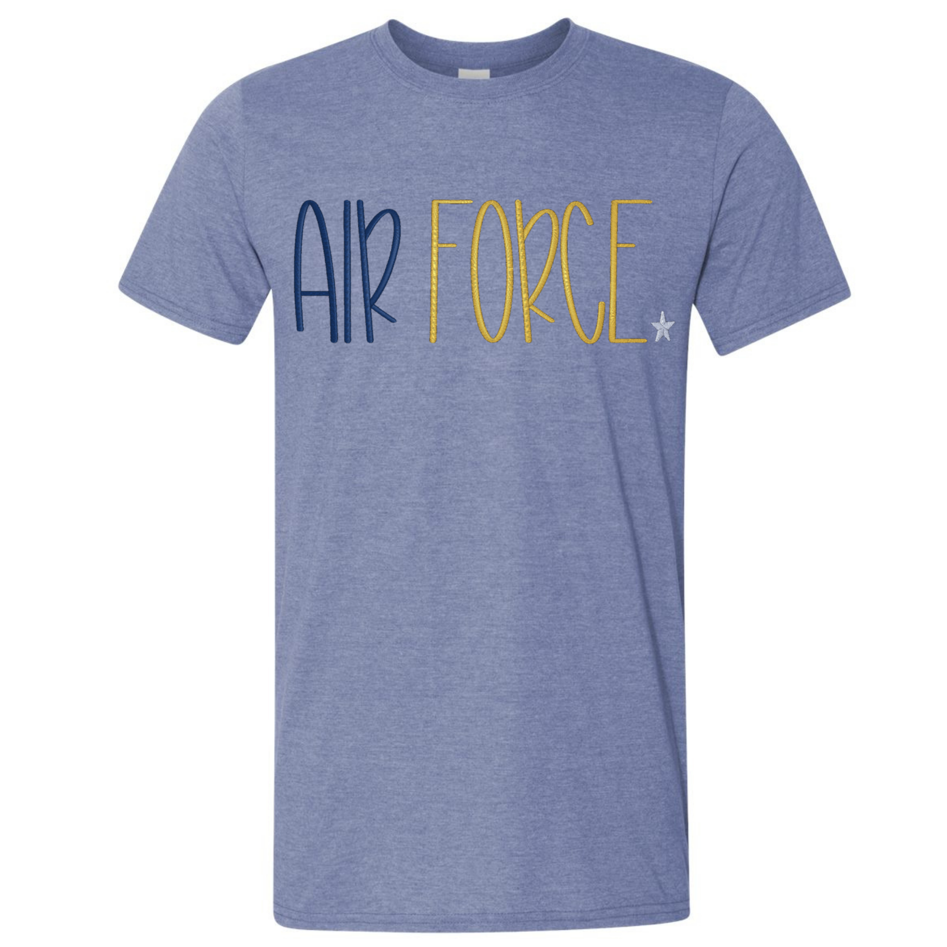 Blue t-shirt with 'AIR FORCE' printed on it against a white background