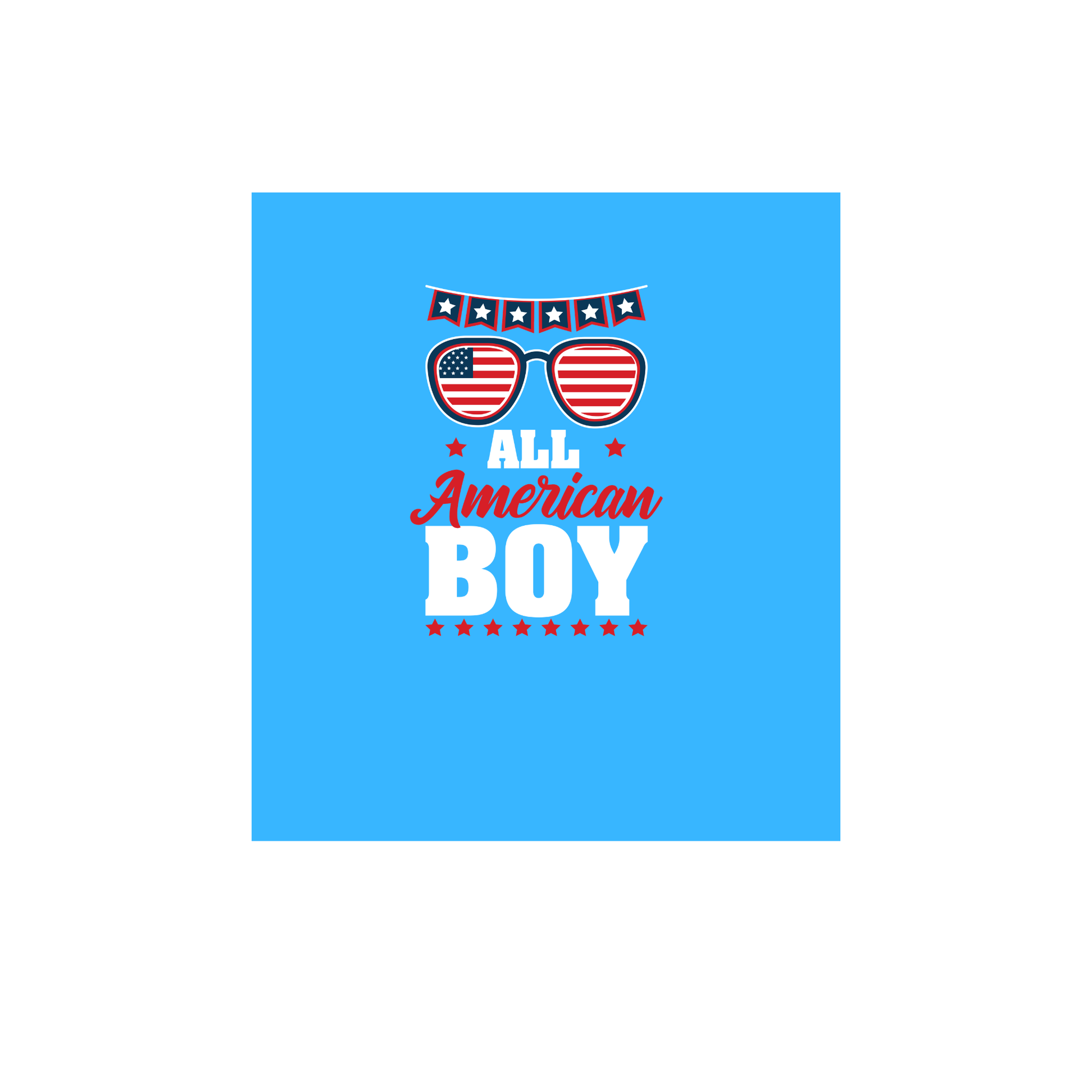Design with sunglasses, American flag, and text 'All American Boy' on a blue background