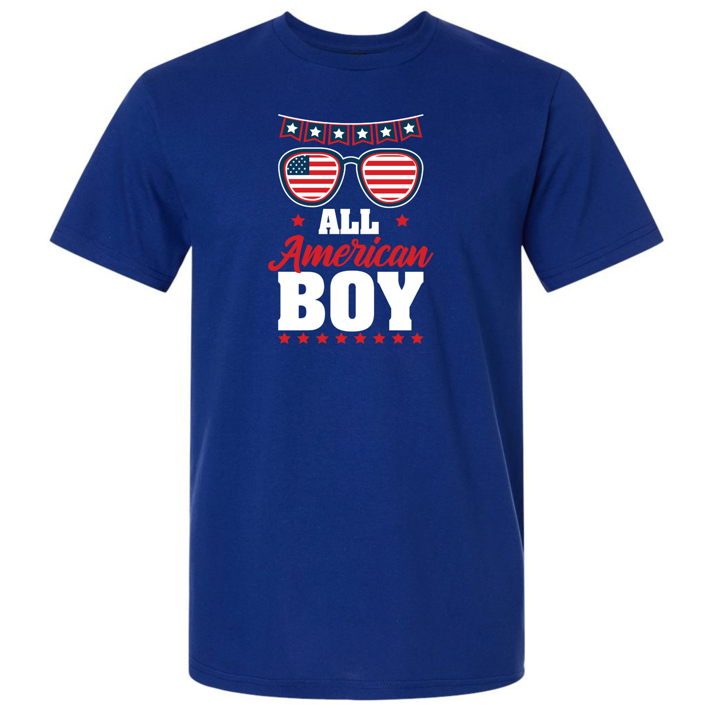 Blue t-shirt with 'All American Boy' text and sunglasses graphic on a white background