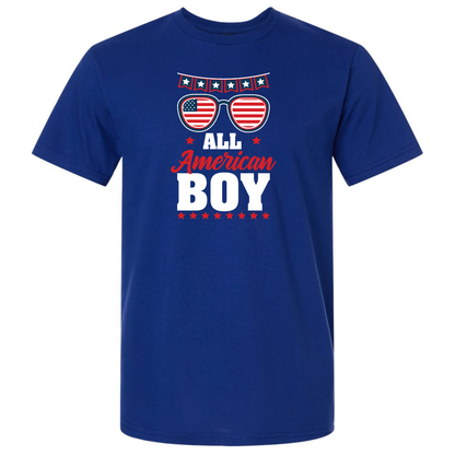 Blue t-shirt with 'All American Boy' text and sunglasses graphic on a white background
