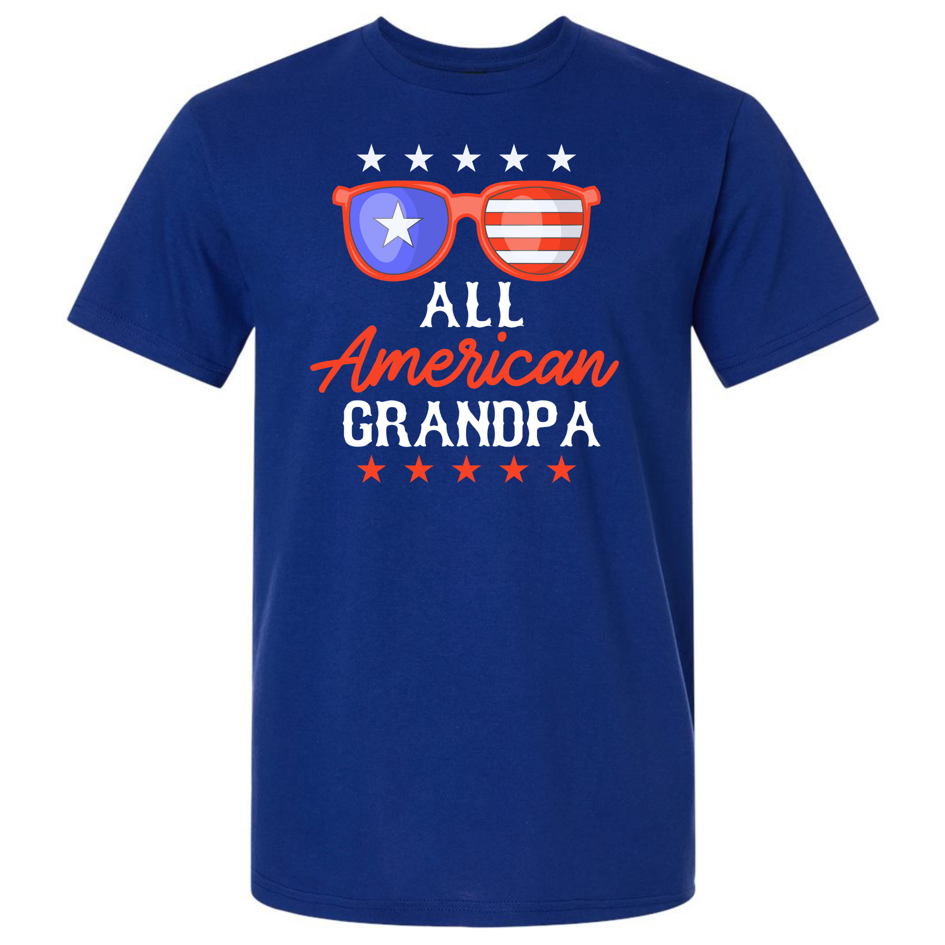 Blue t-shirt with 'All American Grandpa' text and sunglasses graphic on a white background