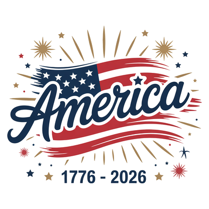 America written across the American Flag with 1776-2026 written below it