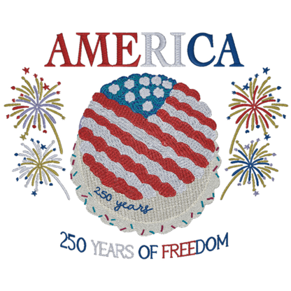 Embroidered patch with American flag design and fireworks, celebrating 250 years of freedom.
