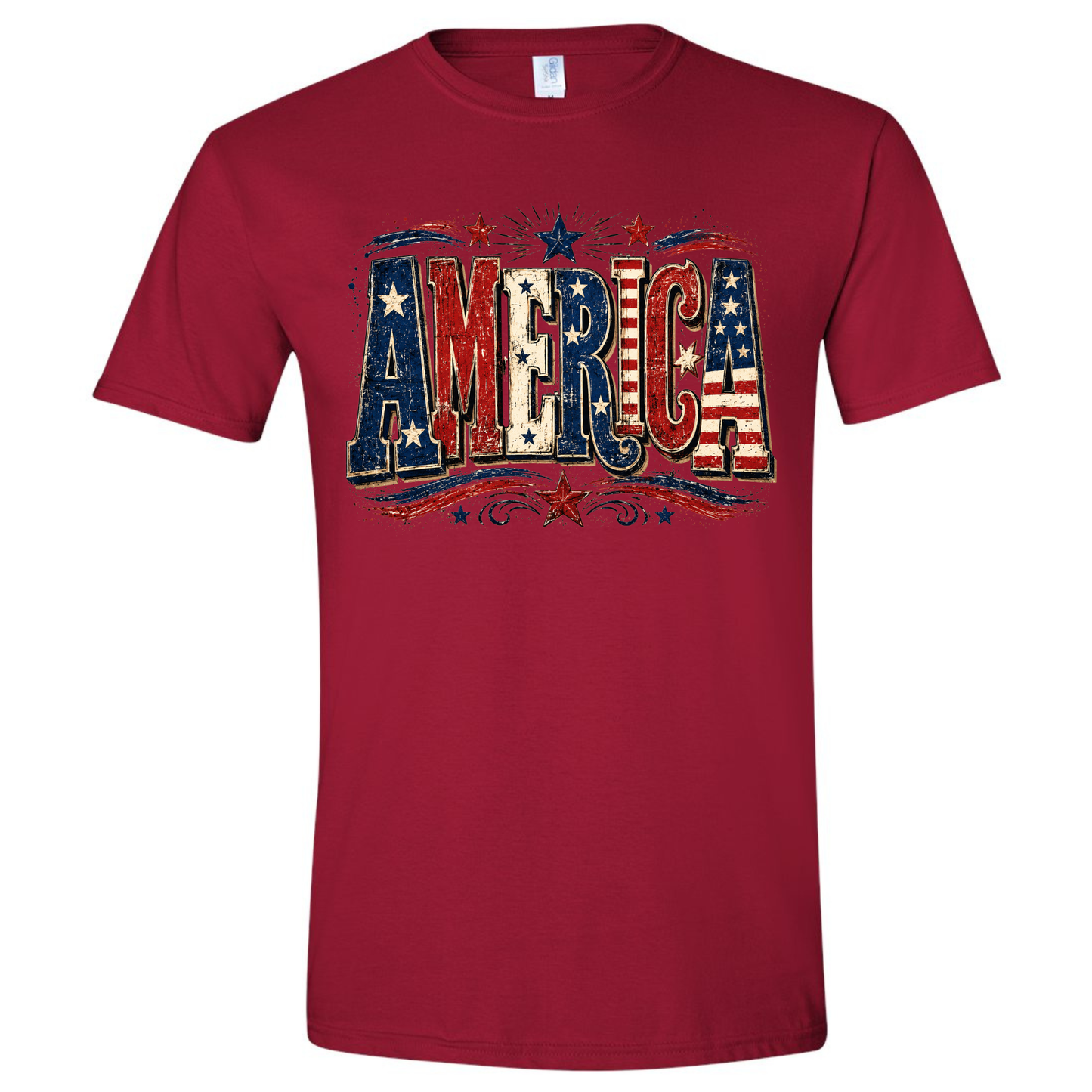 Red t-shirt with 'AMERICA' text in American flag design on a white background