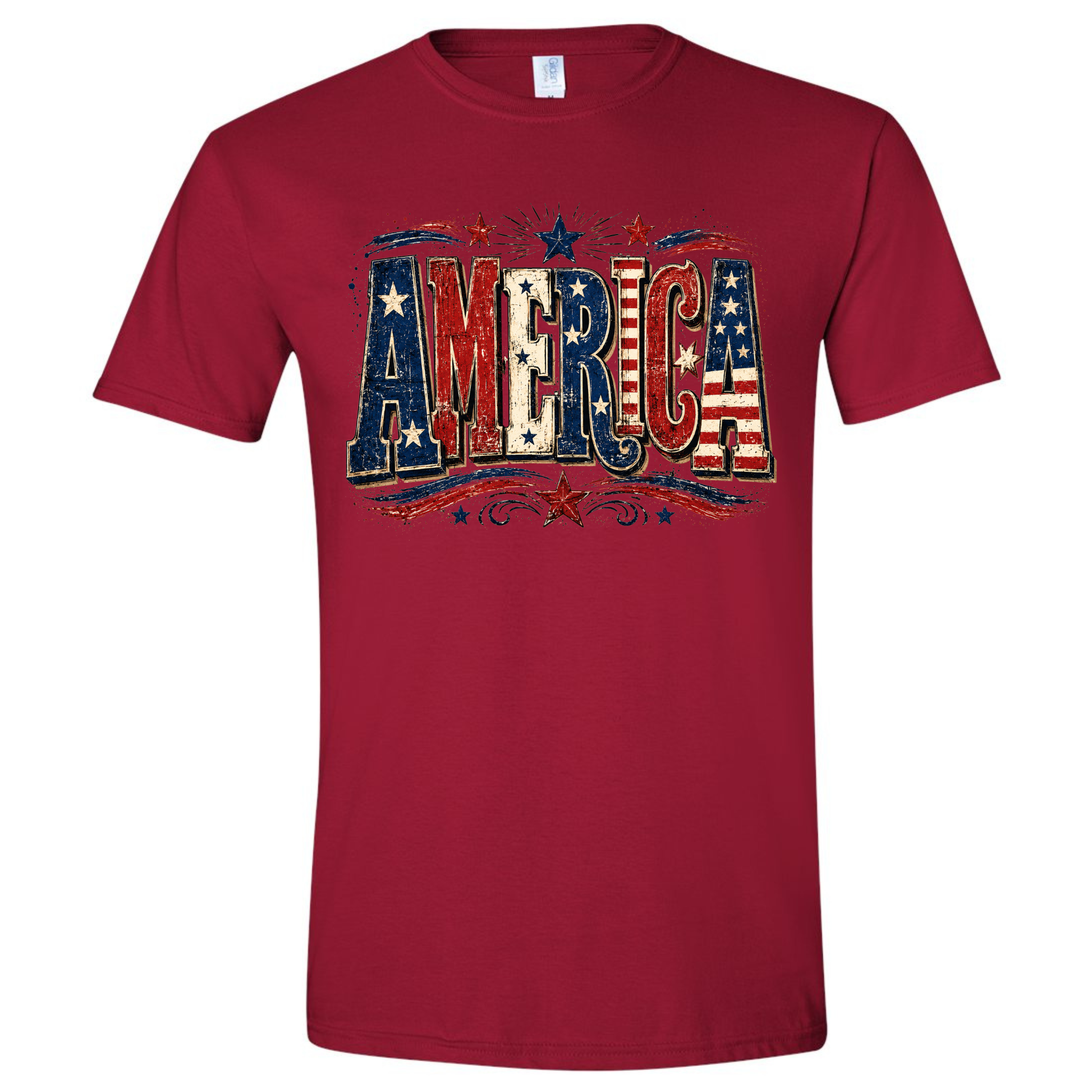 Red t-shirt with 'AMERICA' text in American flag design on a white background