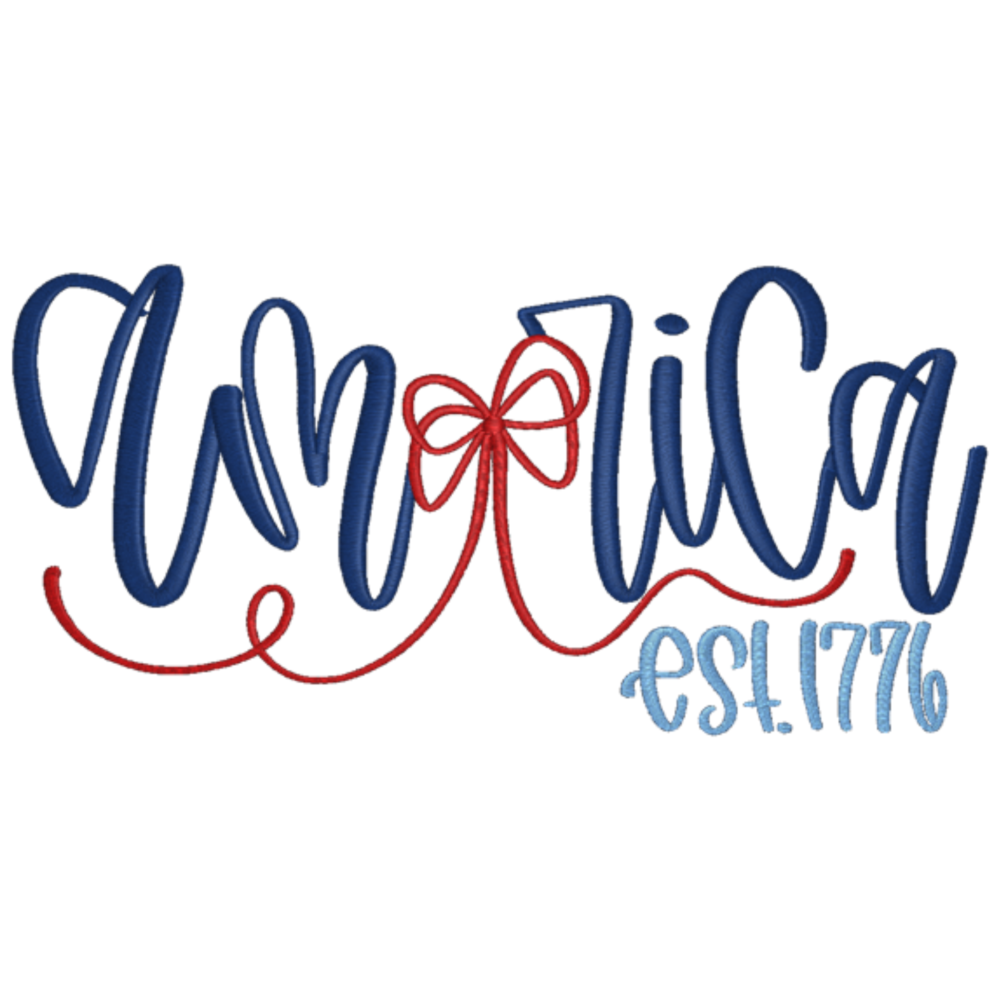 Decorative text saying America with a red bow and 'est. 1776' on a white background