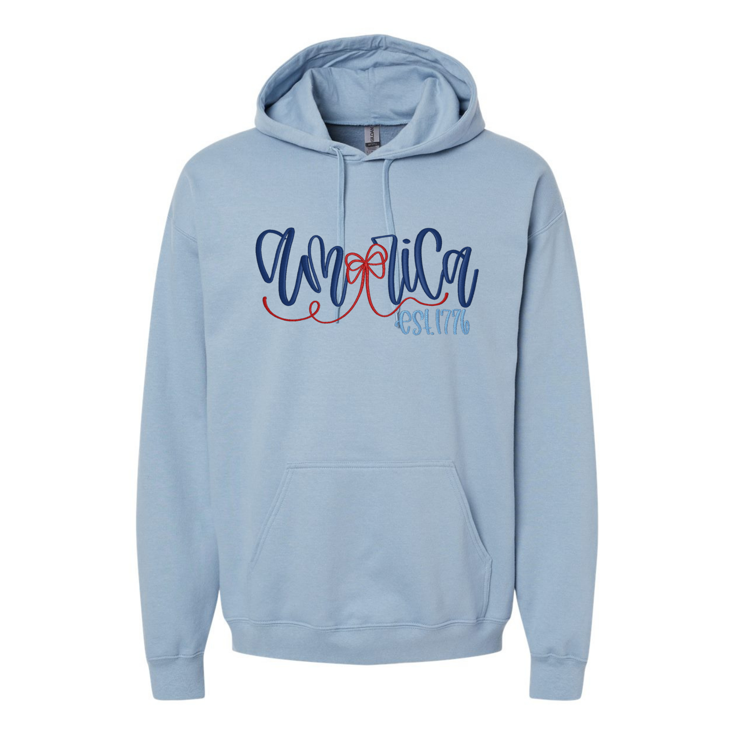 Light blue hoodie with decorative America text and est. 1776 on a white background