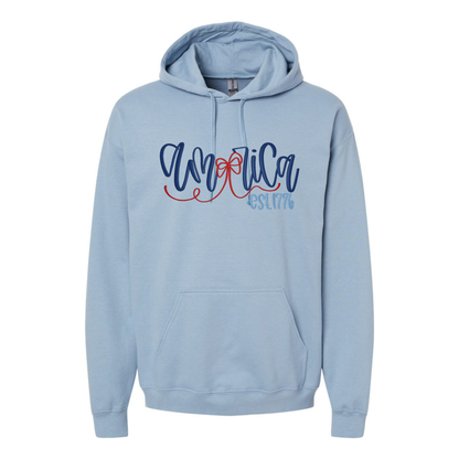 Light blue hoodie with decorative America text and est. 1776 on a white background