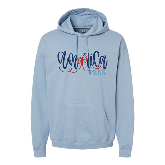 Light blue hoodie with decorative America text and est. 1776 on a white background