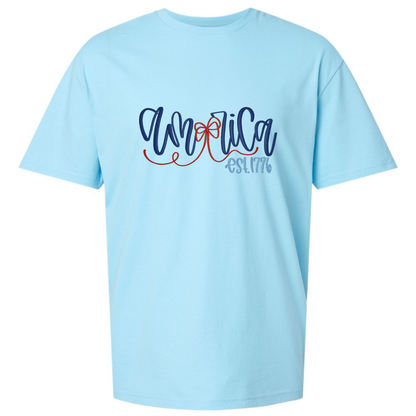 Light blue t-shirt with 'America Est. 1776' text design on a white background