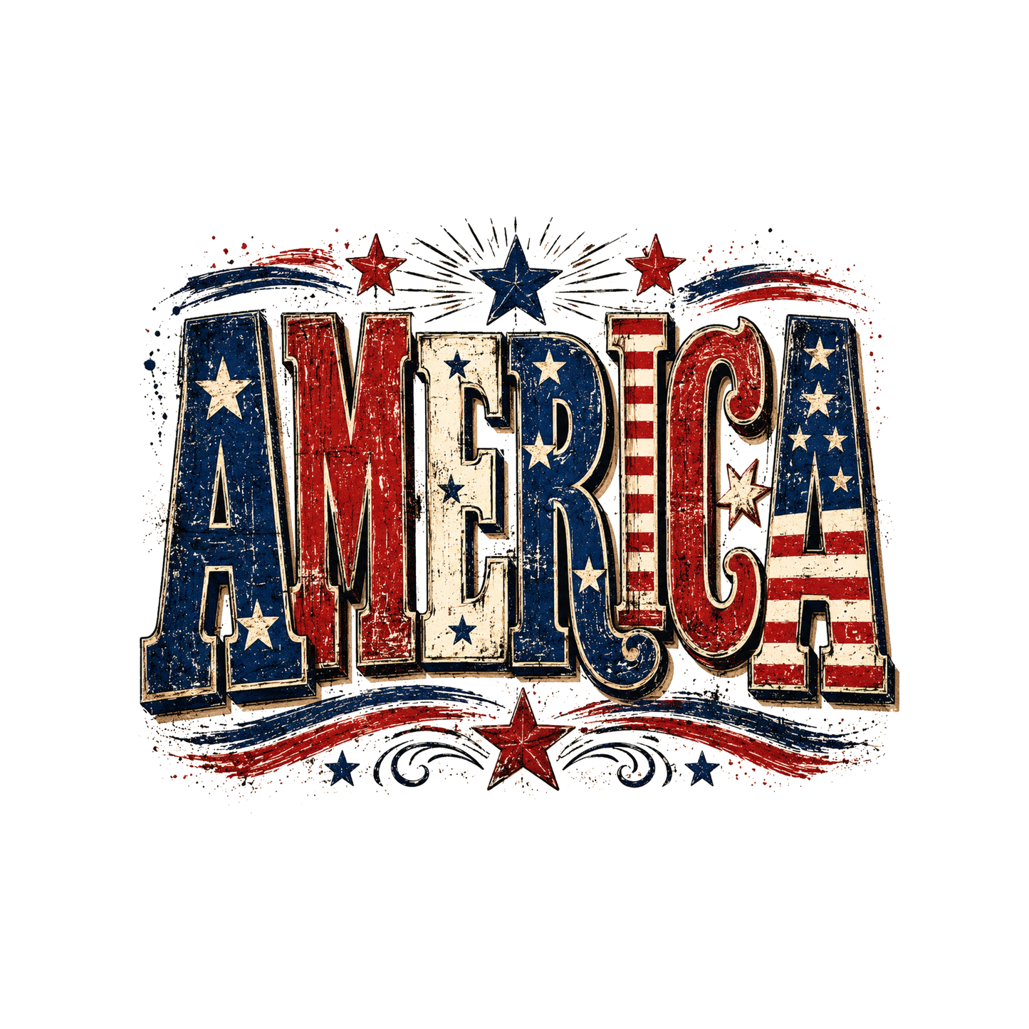 Decorative text 'AMERICA' with American flag design on a white background
