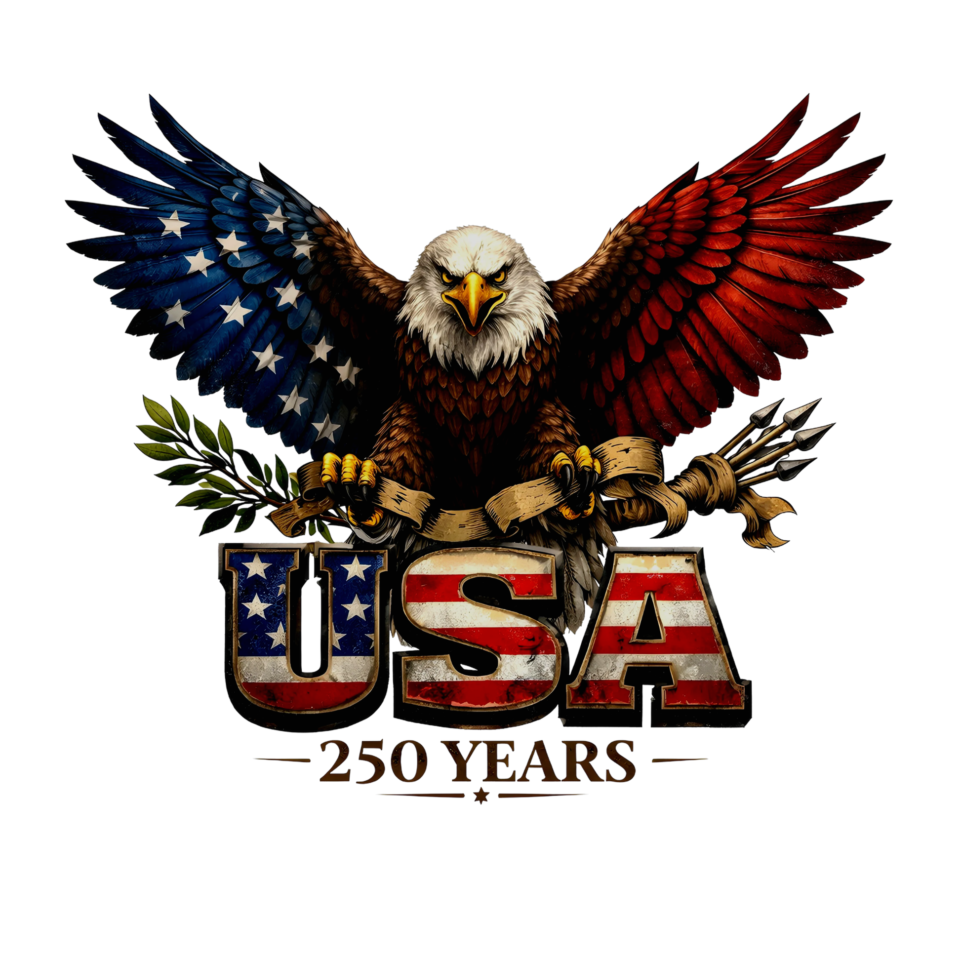 An Eagle with spread wings landing on a banner with USA 250 Years in writing