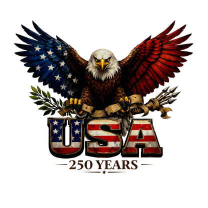 An Eagle with spread wings landing on a banner with USA 250 Years in writing