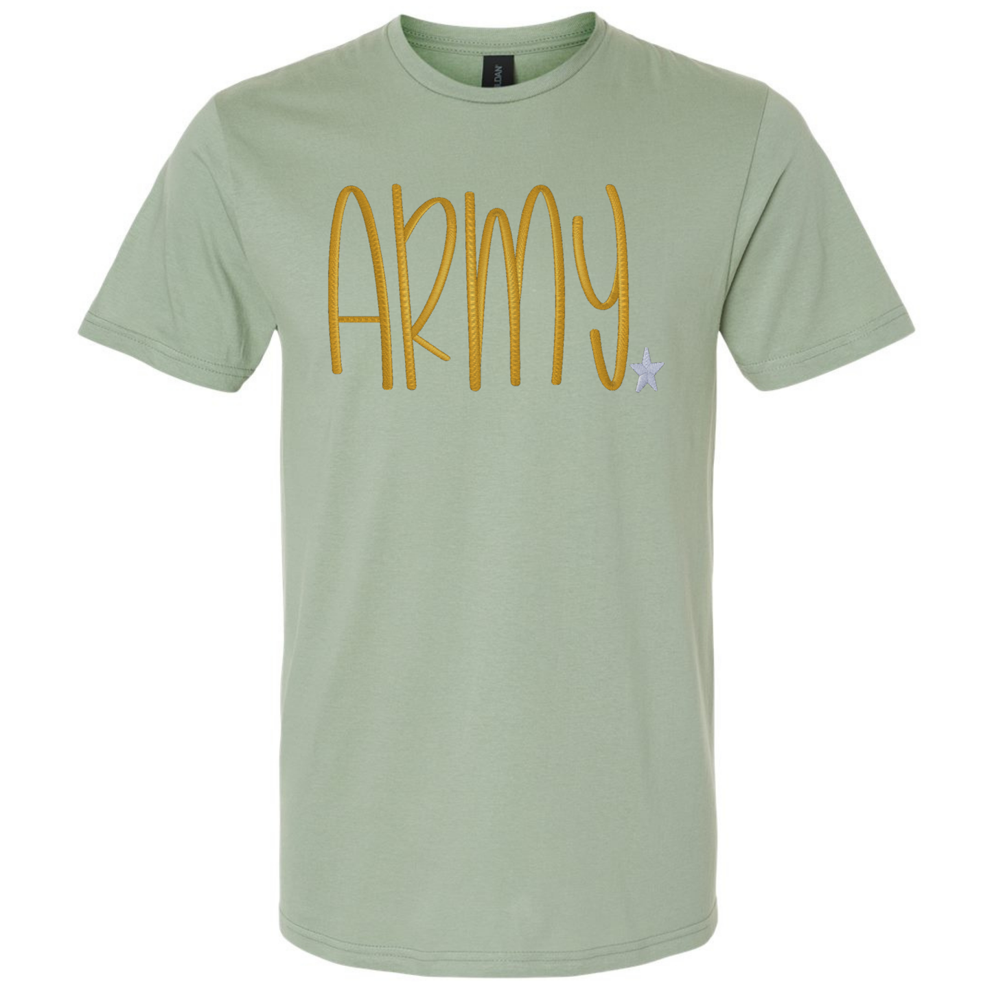 Green t-shirt with 'ARMY' printed in yellow on a white background