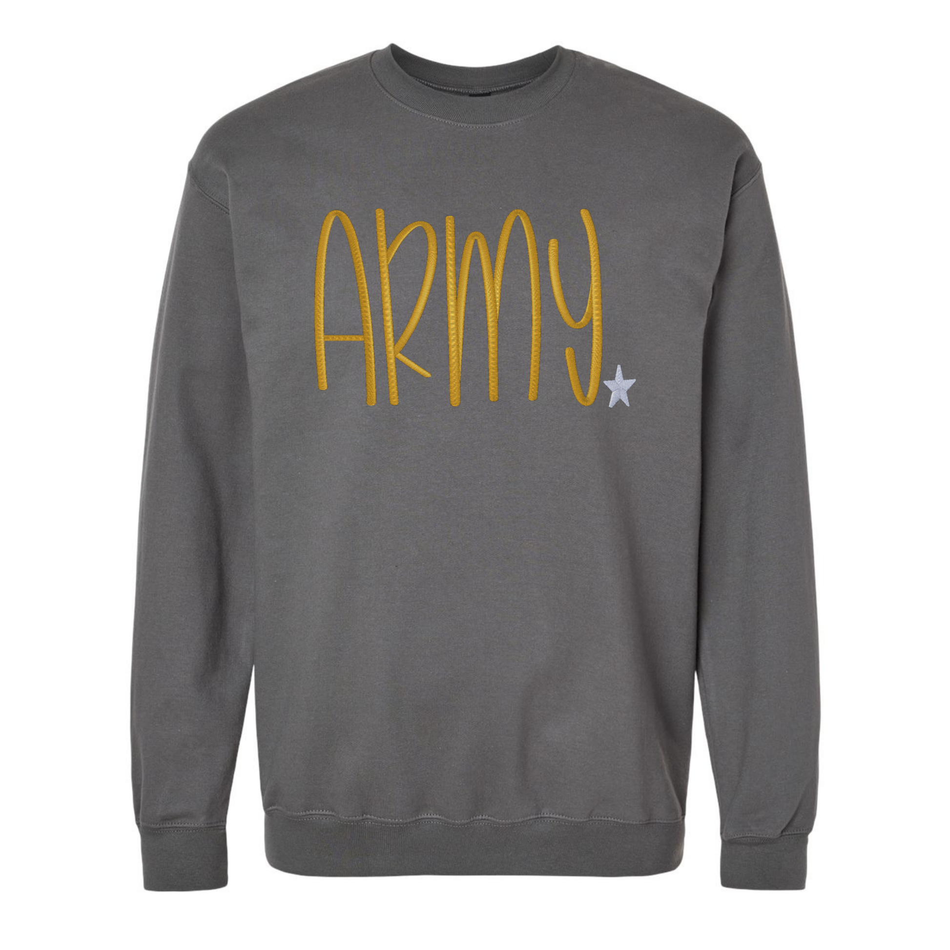 Gray sweatshirt with 'ARMY' in yellow and a star on a white background