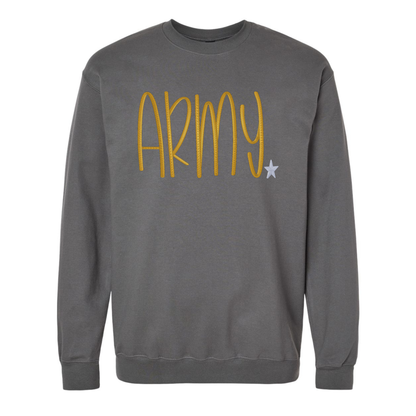 Gray sweatshirt with 'ARMY' in yellow and a star on a white background