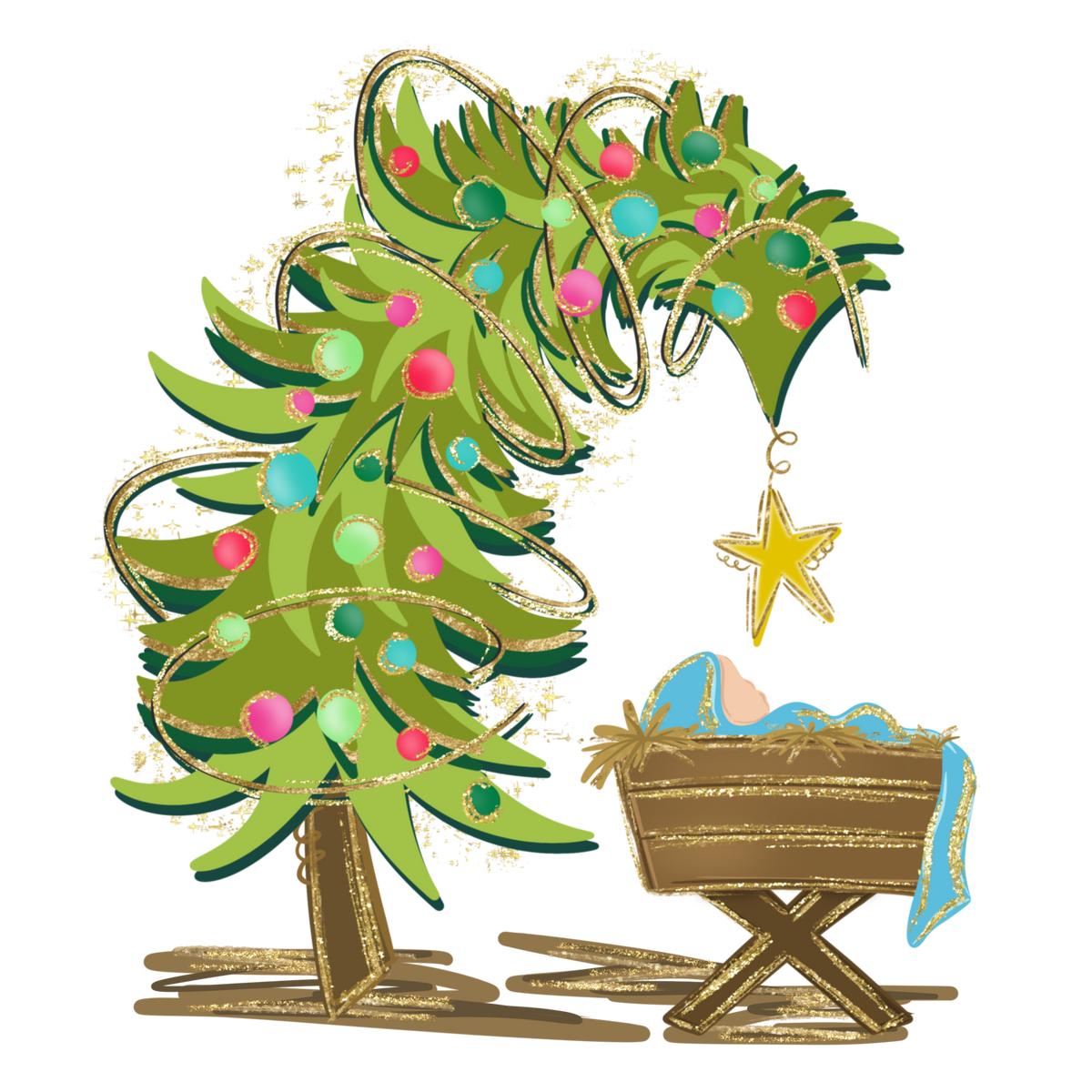A stylized Christmas nativity illustration on a white background, featuring a green tree with gold ornaments and ribbons, a yellow star ornament, and a wooden cradle with a blue cloth holding baby Jesus.