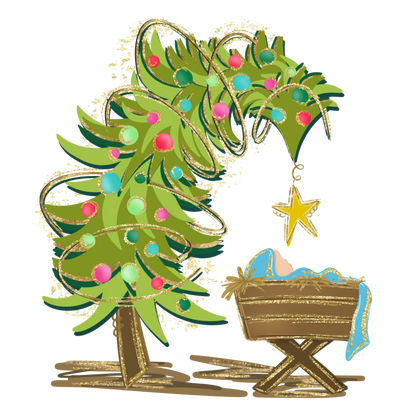 A stylized Christmas nativity illustration on a white background, featuring a green tree with gold ornaments and ribbons, a yellow star ornament, and a wooden cradle with a blue cloth holding baby Jesus.