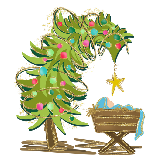 A stylized Christmas nativity illustration on a white background, featuring a green tree with gold ornaments and ribbons, a yellow star ornament, and a wooden cradle with a blue cloth holding baby Jesus.