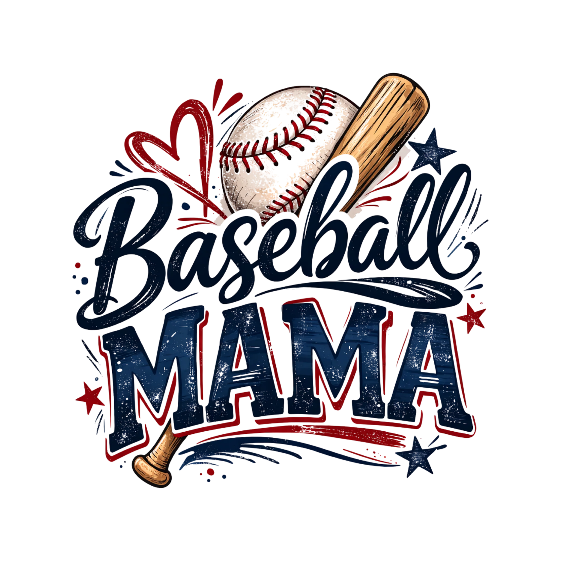 Design with 'Baseball Mama' text featuring a baseball and bat on a white background