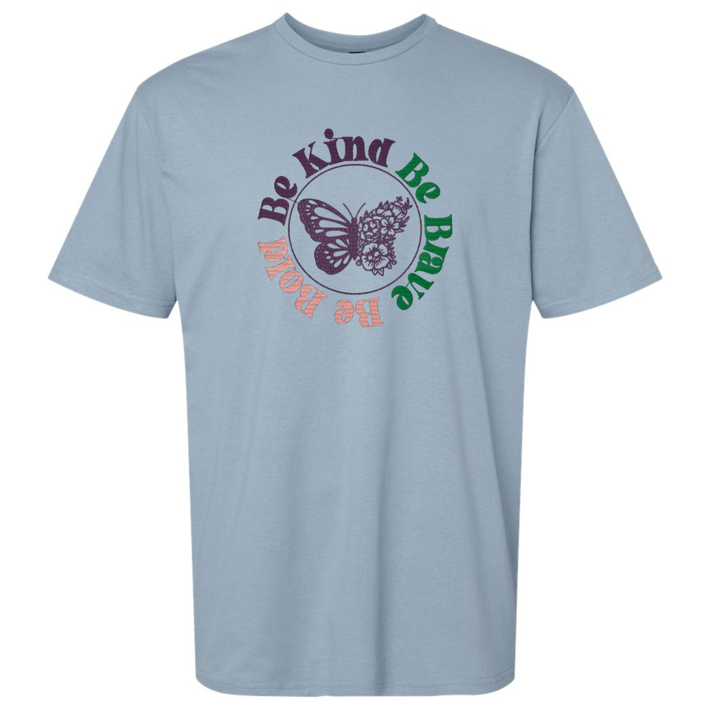 Light blue t-shirt with a butterfly graphic and text on a white background