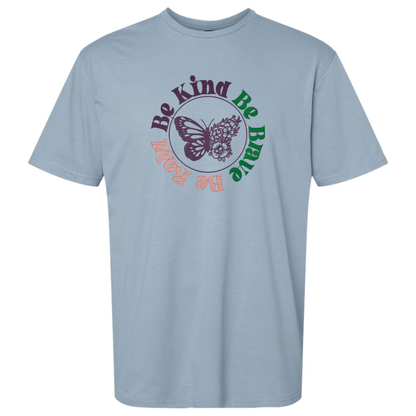 Light blue t-shirt with a butterfly graphic and text on a white background