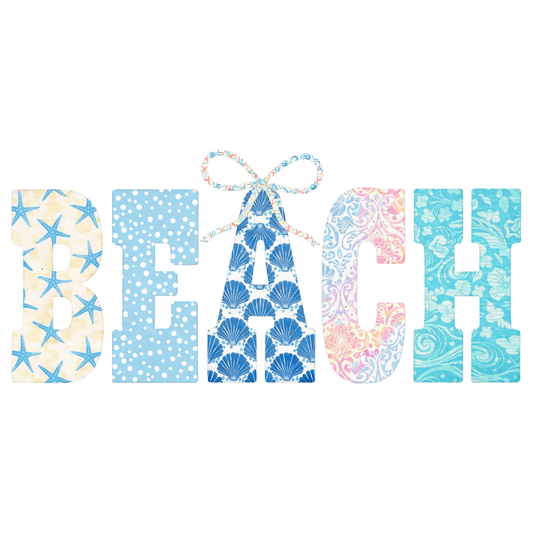 Beach written in large letters filled with starfish, shells and different colors