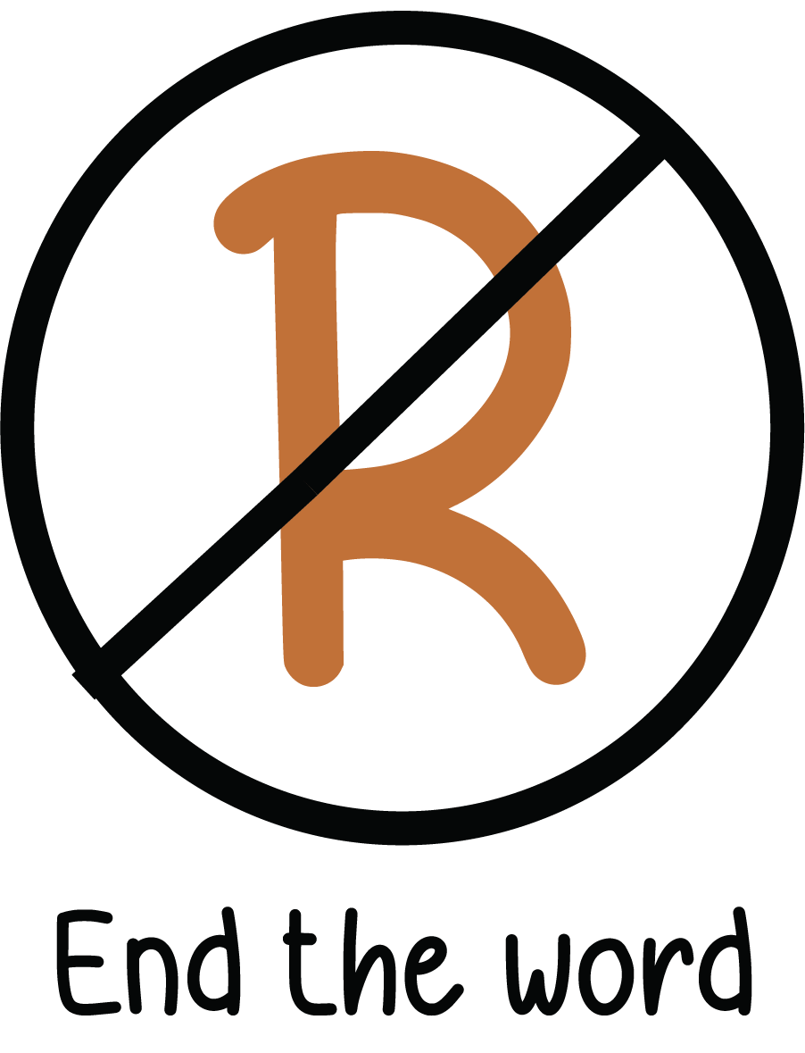 Logo with a brown 'R' inside a circle with a line through it, and text 'End the word' below.
