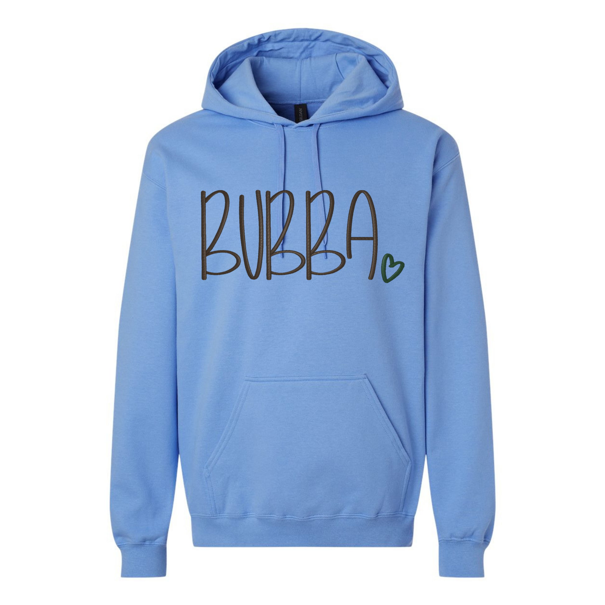 Blue hoodie with 'Bubba' text on a white background
