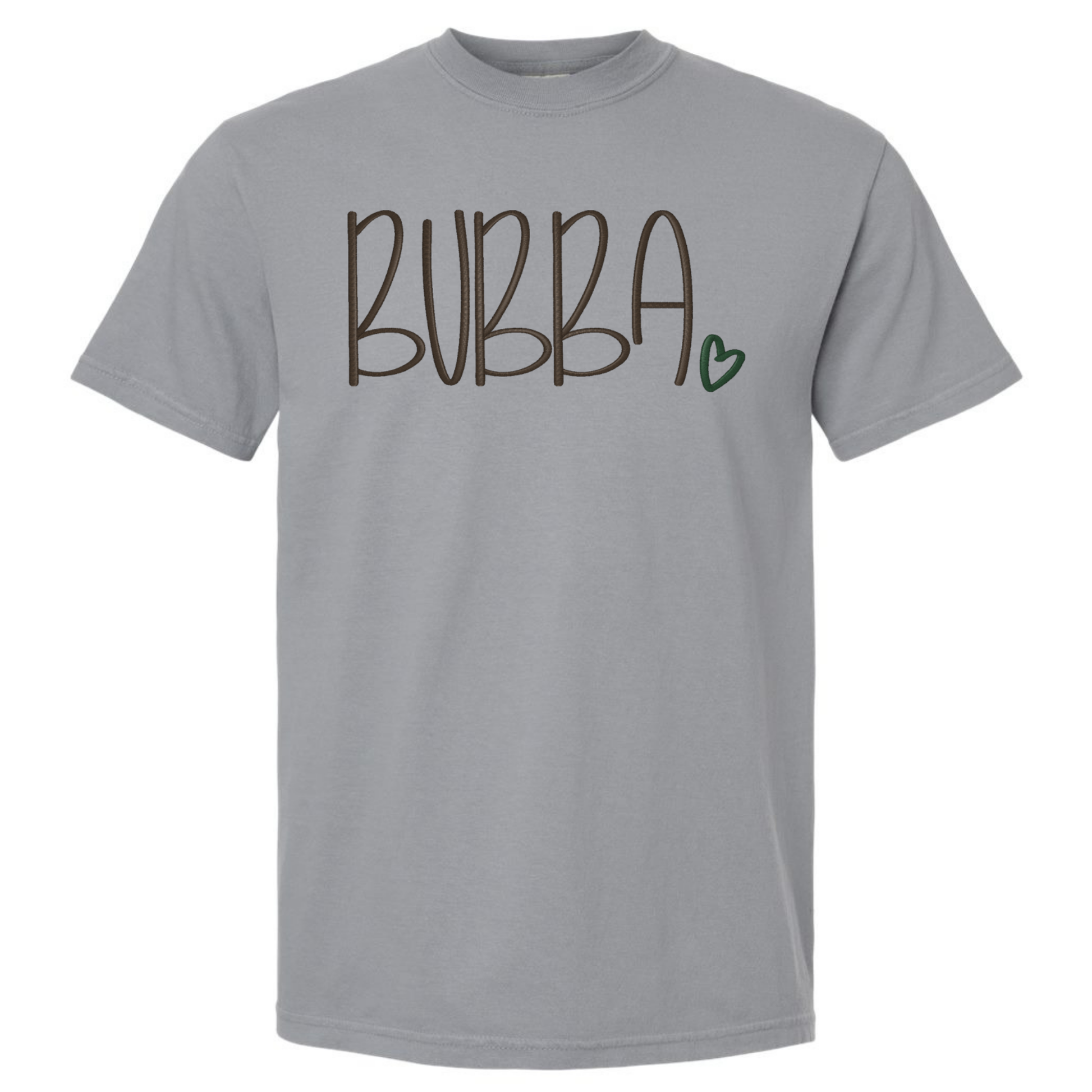 Gray t-shirt with 'Bubba' text and a heart on a white background