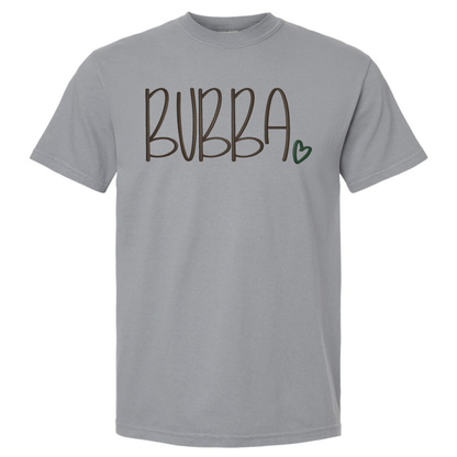 Gray t-shirt with 'Bubba' text and a heart on a white background