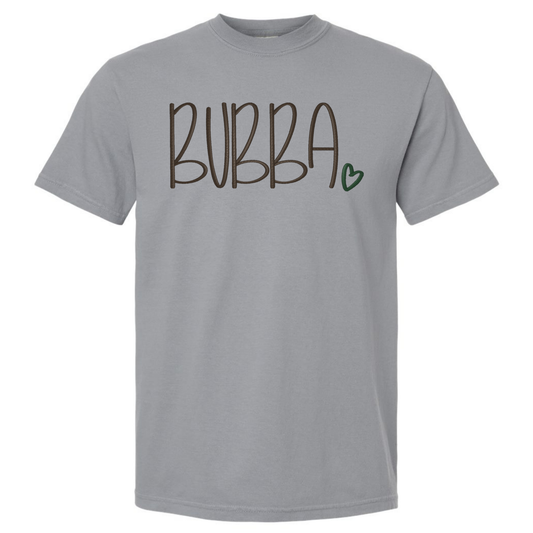 Gray t-shirt with 'Bubba' text and a heart on a white background