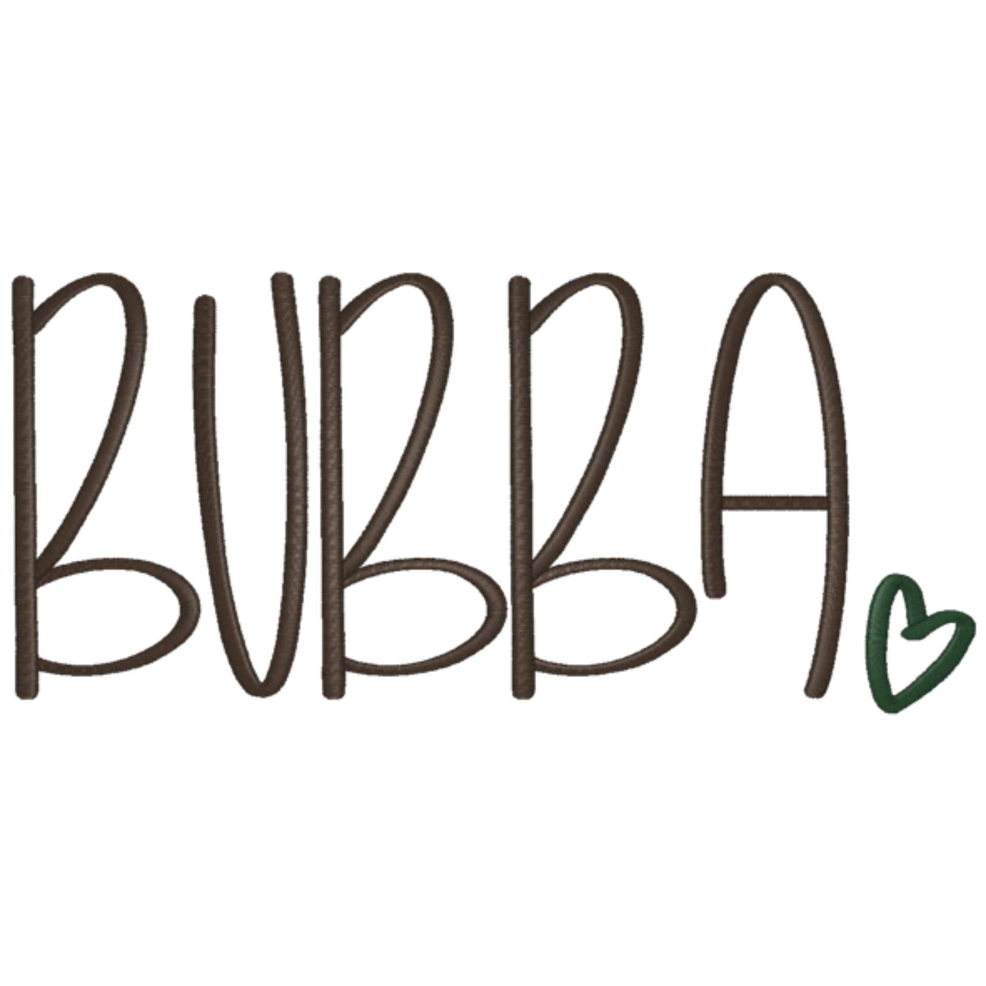 The word 'BUBBA' in a stylized font with a green heart on a white background