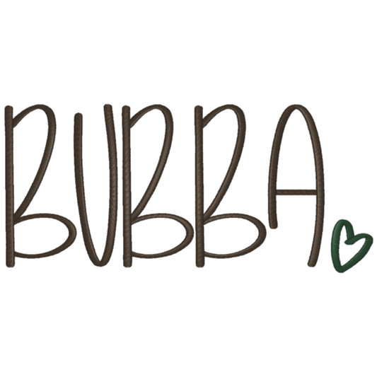 The word 'BUBBA' in a stylized font with a green heart on a white background