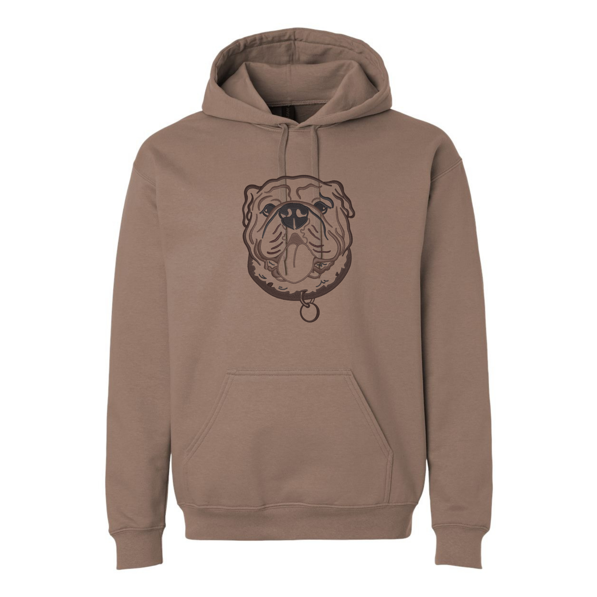 Brown hoodie with a bulldog graphic on a white background