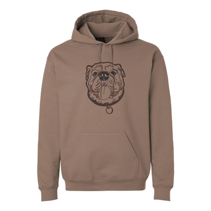 Brown hoodie with a bulldog graphic on a white background