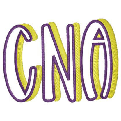 Embroidered text 'CNA' with yellow and purple thread on a white background