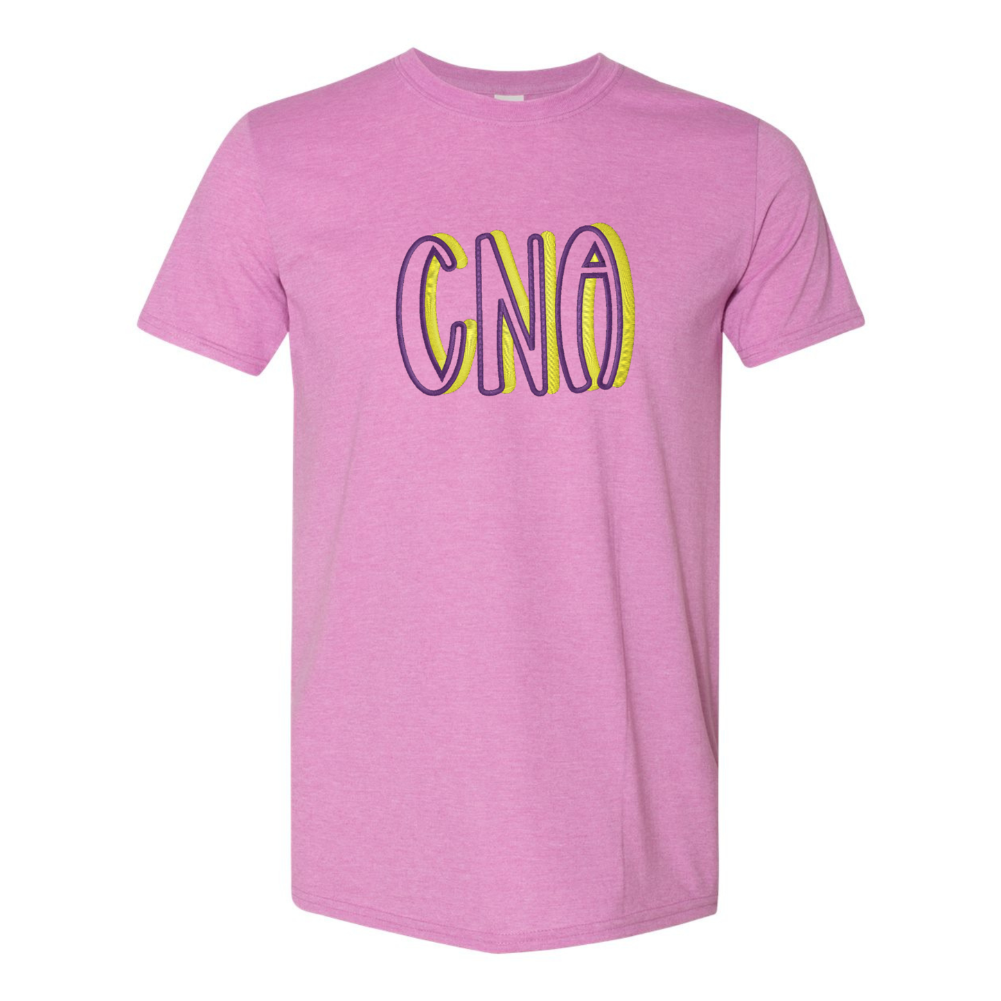 Pink t-shirt with 'CNA' text on a white background