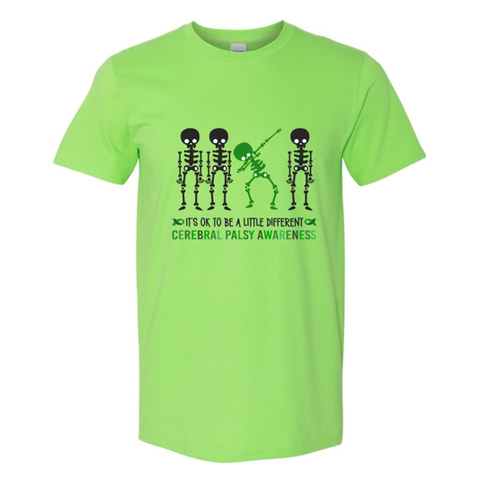 Lime green t-shirt with skeleton design and cerebral palsy awareness text on a white background