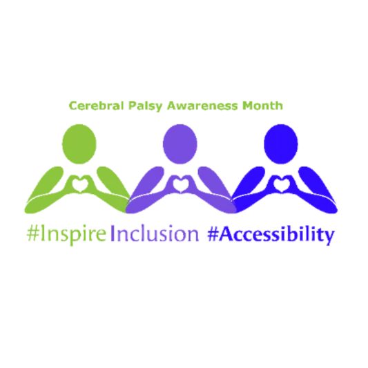 Logo for Cerebral Palsy Awareness Month with three figures holding hands and text '#InspireInclusion #Accessibility'.