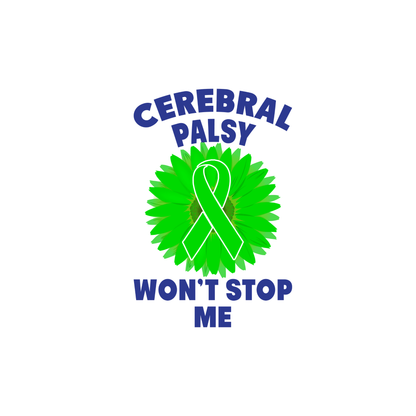 Green ribbon with 'Cerebral Palsy Won't Stop Me' text on a white background