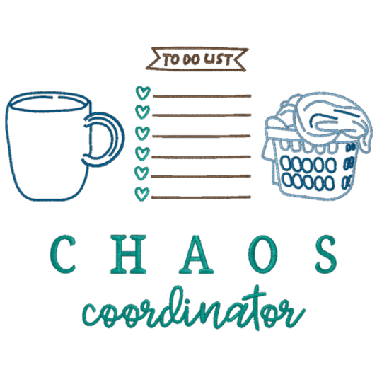 Illustration of a coffee cup, to-do list, and trash can with text 'Chaos Coordinator' on a white background.