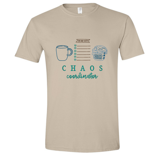 Beige t-shirt with graphic design and text on a white background