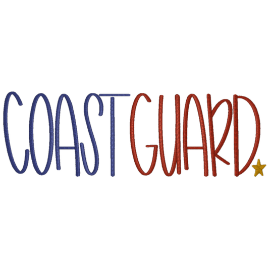 Text 'COAST GUARD' in blue and red with a yellow star on a white background