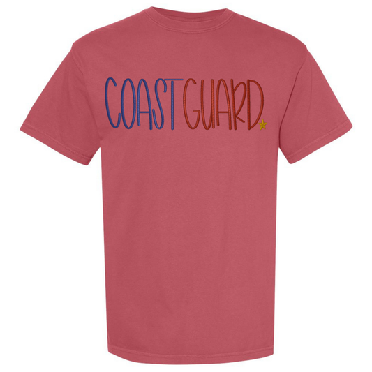 Red t-shirt with 'COAST GUARD' text on a white background
