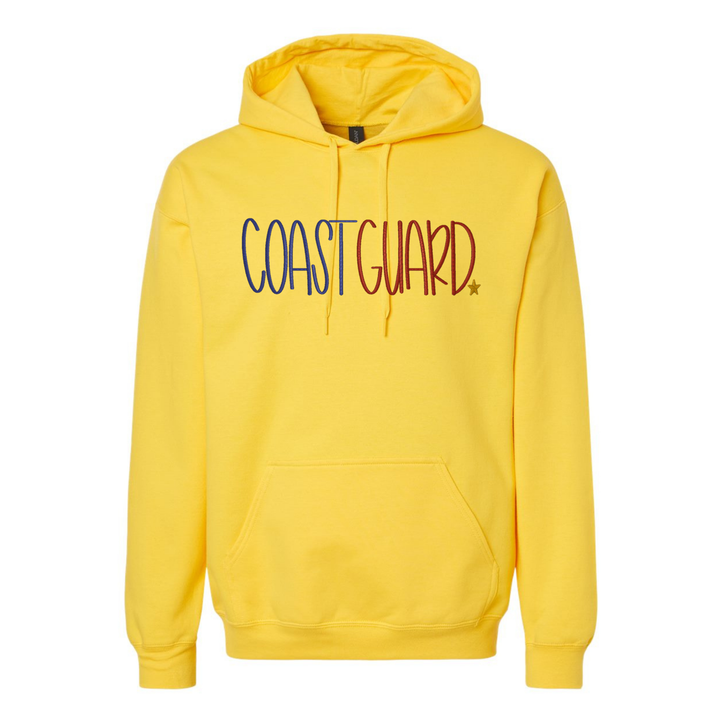 Yellow hoodie with 'COAST GUARD' text on a white background