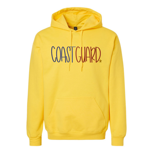 Yellow hoodie with 'COAST GUARD' text on a white background