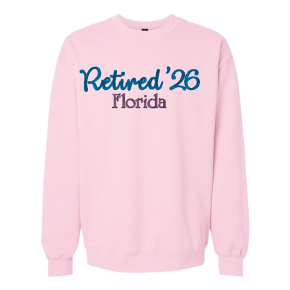 pink crew sweatshirt with custom embroidered text retired 26 Florida
