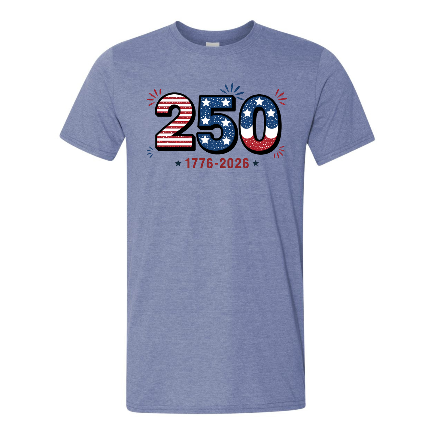 Blue t-shirt with '250 1776-2026' design on a white background